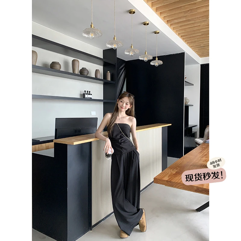 【现货】万万不熬夜【糖果优雅】高腰夏气质高级黑吊带抹胸阔腿裤套装