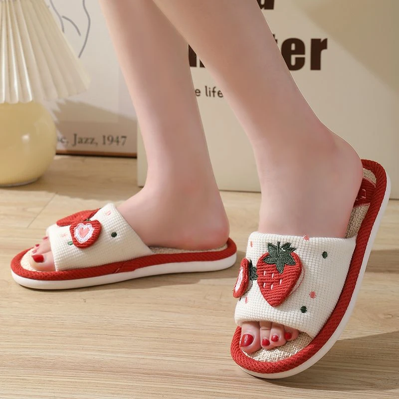 四季春秋季草莓亚麻拖鞋春秋甜美居家少女软底静音通用防滑地板