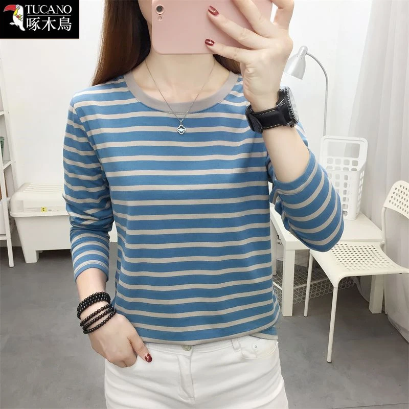 啄木鸟春秋长袖条纹拼色T恤减龄女装2025年新款圆领大码显瘦上衣