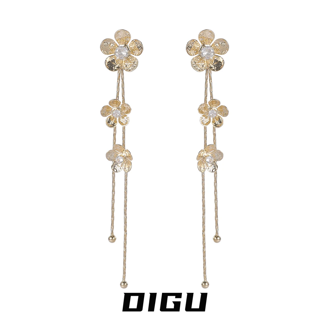 嘀咕家 铜合金合成锆石耳饰 精致花朵流苏耳环肌理感花朵耳钉耳饰