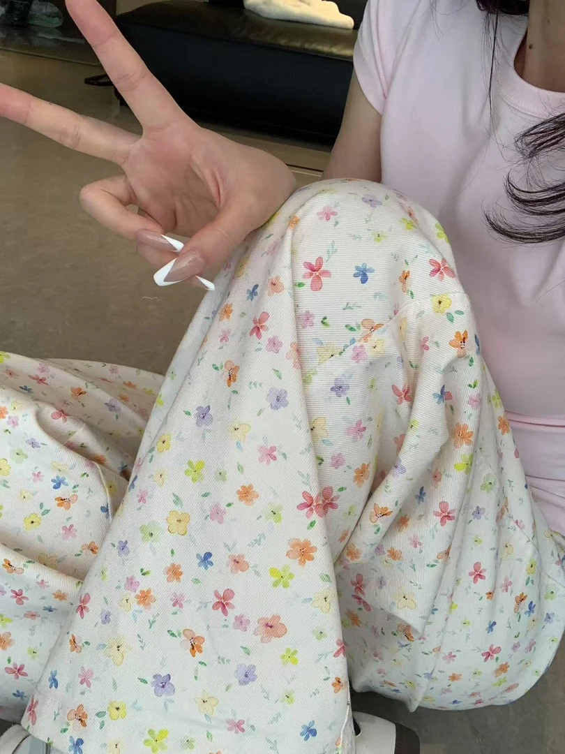 闭店清仓NO退NO换【春天在这里】白色碎花色四季百搭显瘦休闲牛仔裤