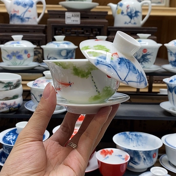 手绘五彩荷花悬停盖碗150cc釉下彩微瑕福利款