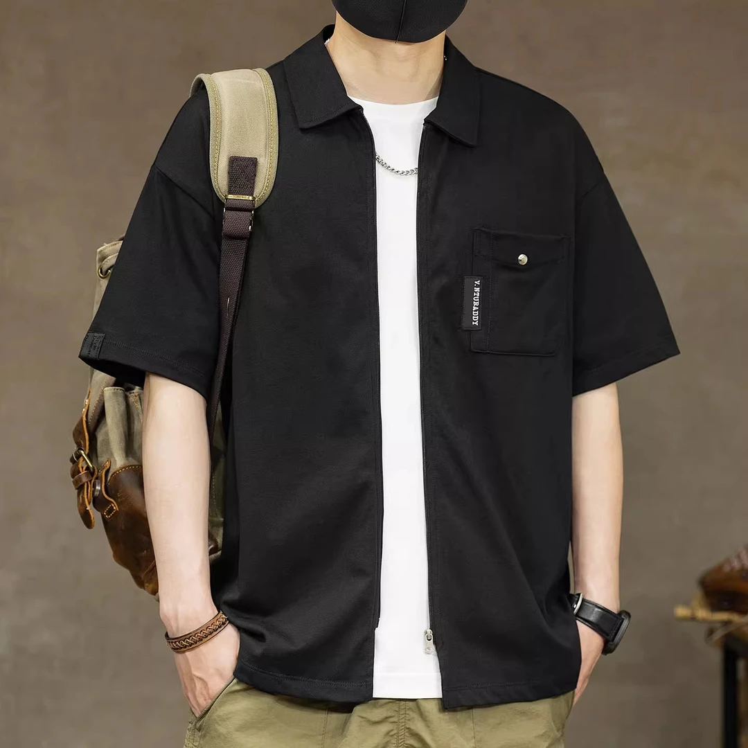 高端美式260g重磅纯棉短袖衬衫男潮牌拉链半袖翻领上衣服夏季衬衣