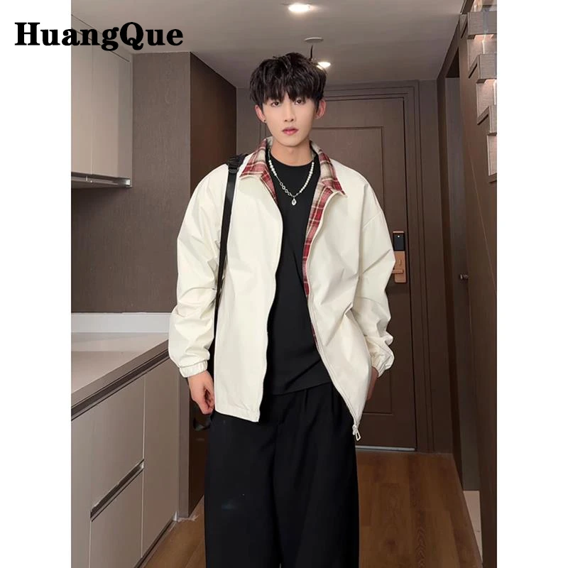 cleanfit格子翻领外套男款秋冬高级感短款飞行夹克防水美式棒球服