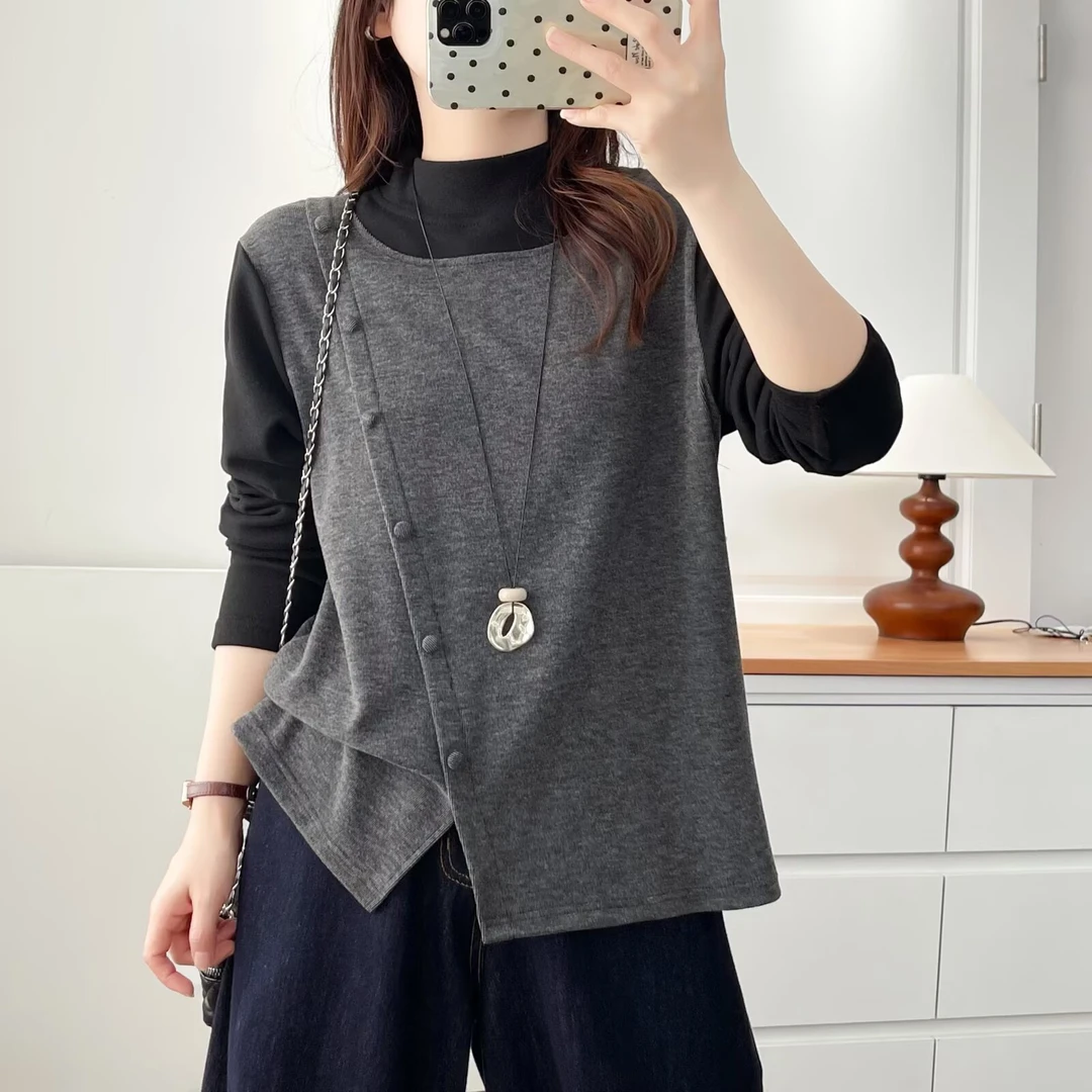 120-200斤大码女装时尚休闲假两件拼接冬季加厚T恤胖mm内搭打底衫