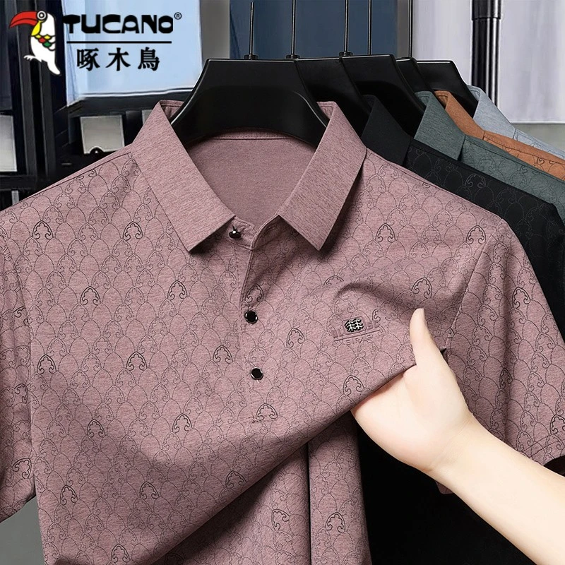 啄木鸟夏季印花商务休闲高档男士中老年短袖t恤宽松时尚polo衫潮