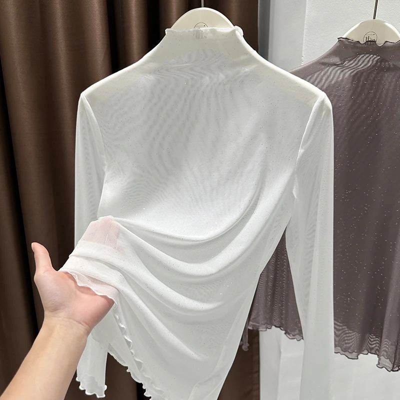薄款木耳边高领长袖T恤2025早秋新款时髦修身内搭纯色弹力上衣女