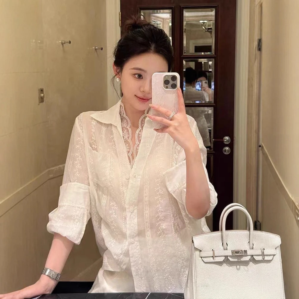 南油高端女装法式蕾丝刺绣设计感春夏苎麻衬衫宽松百搭通勤女上衣