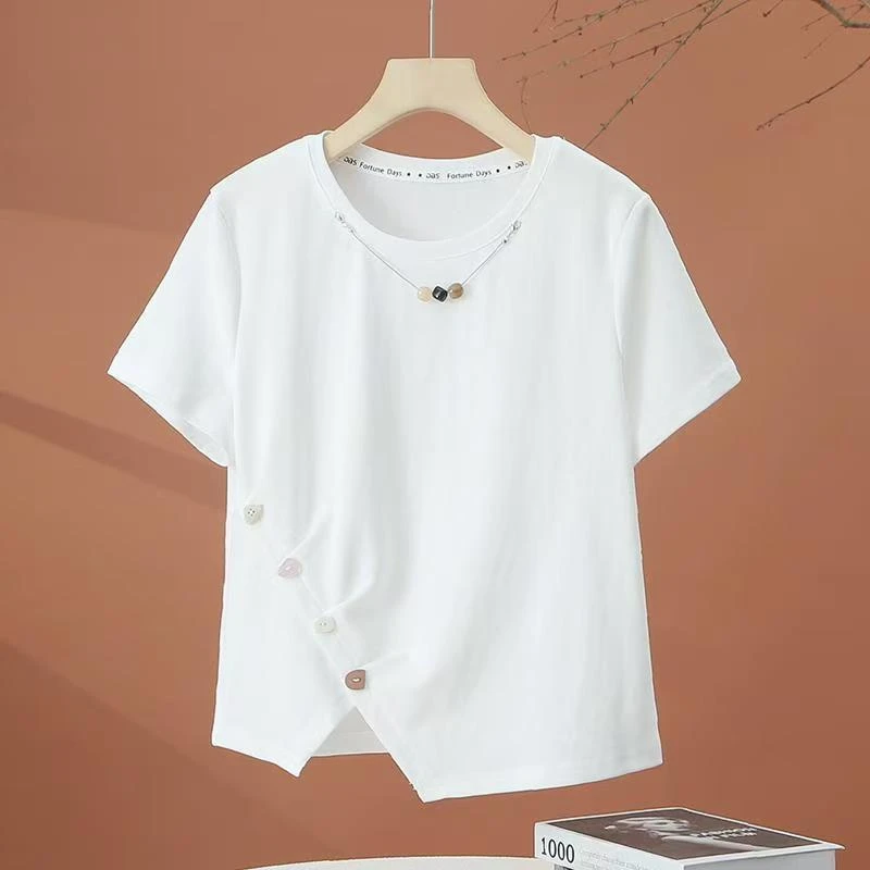 2025夏季新款不规则短袖t恤女圆领体恤洋气减龄修身短款白色上衣