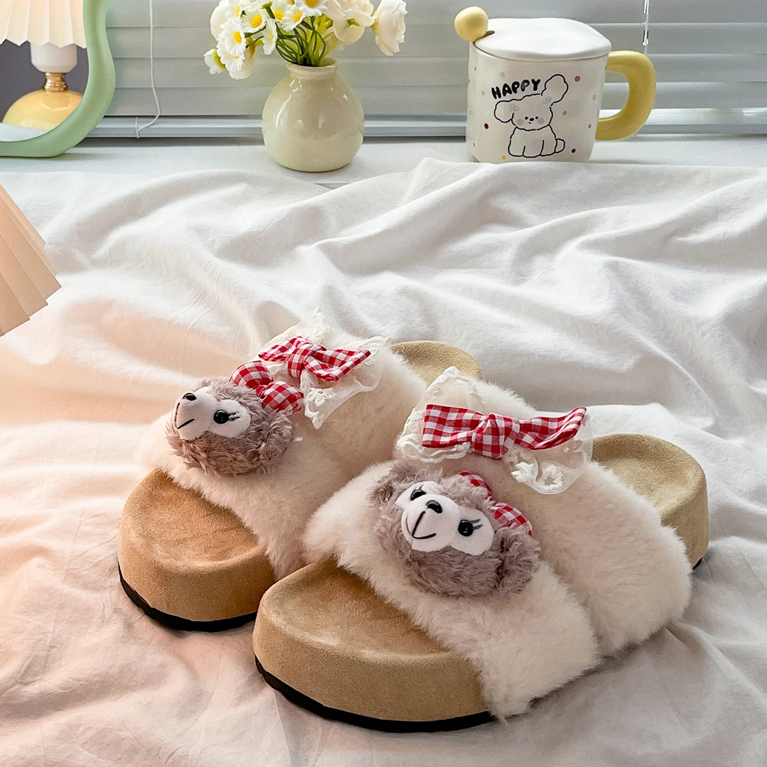可爱卡通小熊时尚休闲蝴蝶结一字毛毛棉拖鞋子女2025秋季新款外穿
