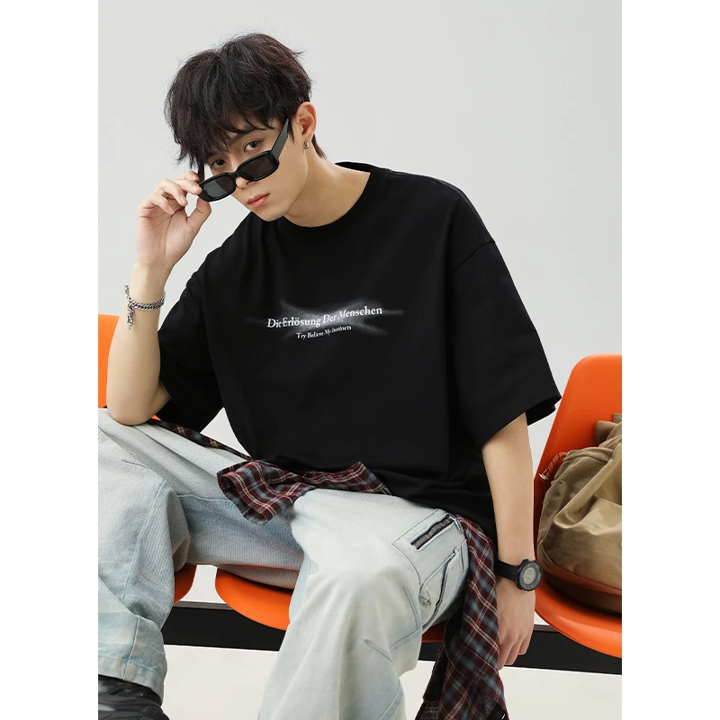 美式字母印花短袖男夏季美式潮牌亮闪抽象基础款T恤宽松打底衫