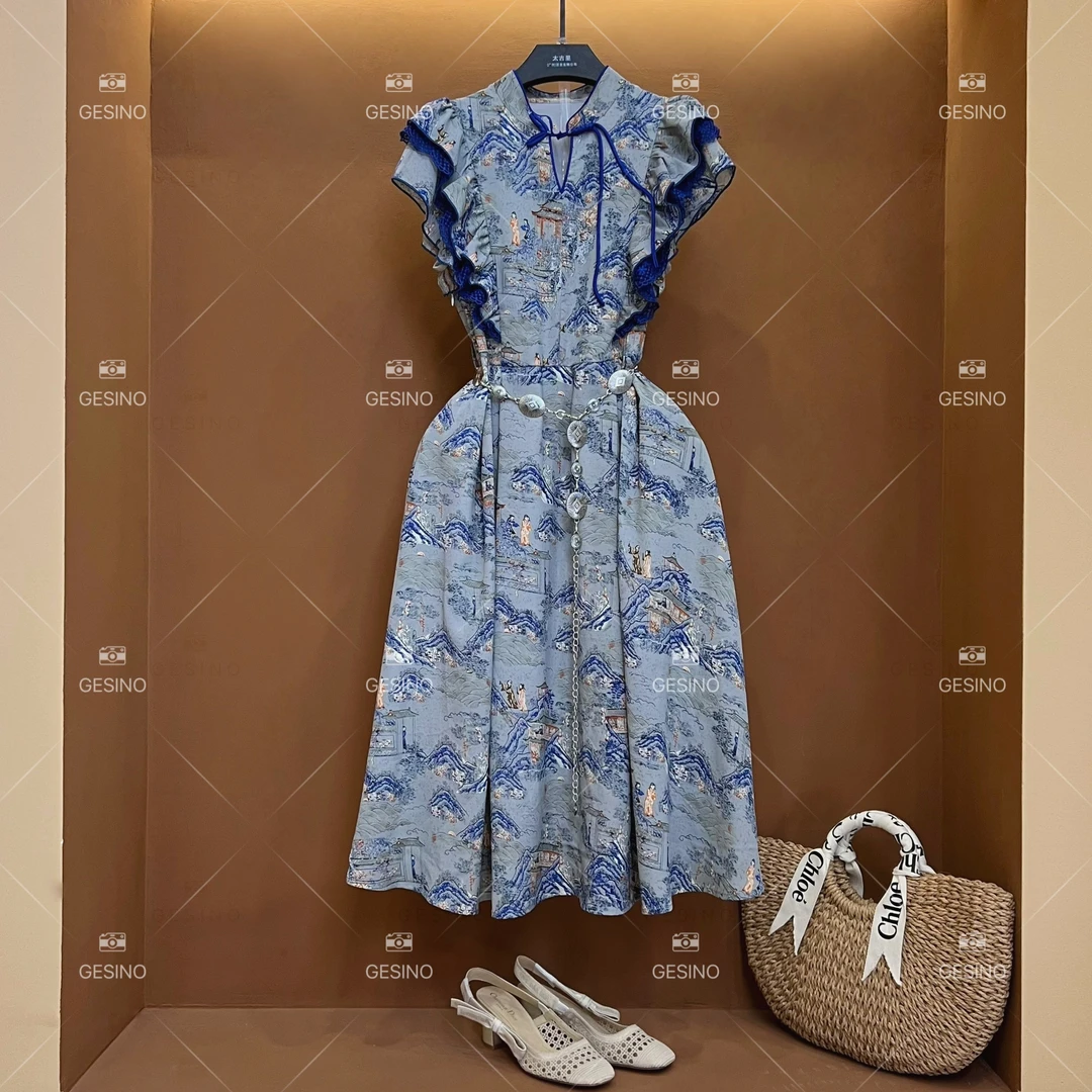 【露】设计师轻奢款气质复古印花女士连衣裙CX-2024325