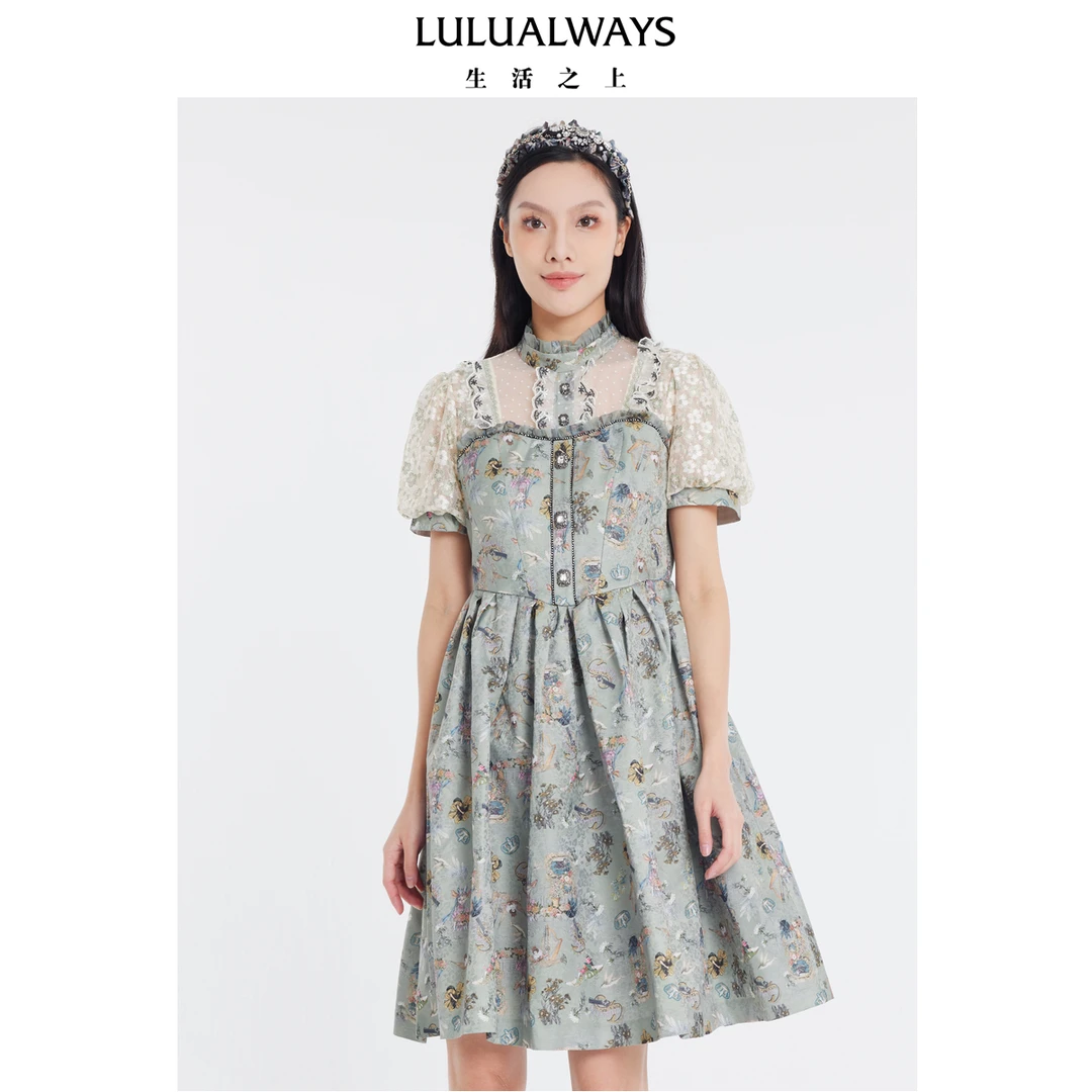 LULUALWAYS【尤莱特】24夏季短款复古法式拼接短款高腰女装连衣裙