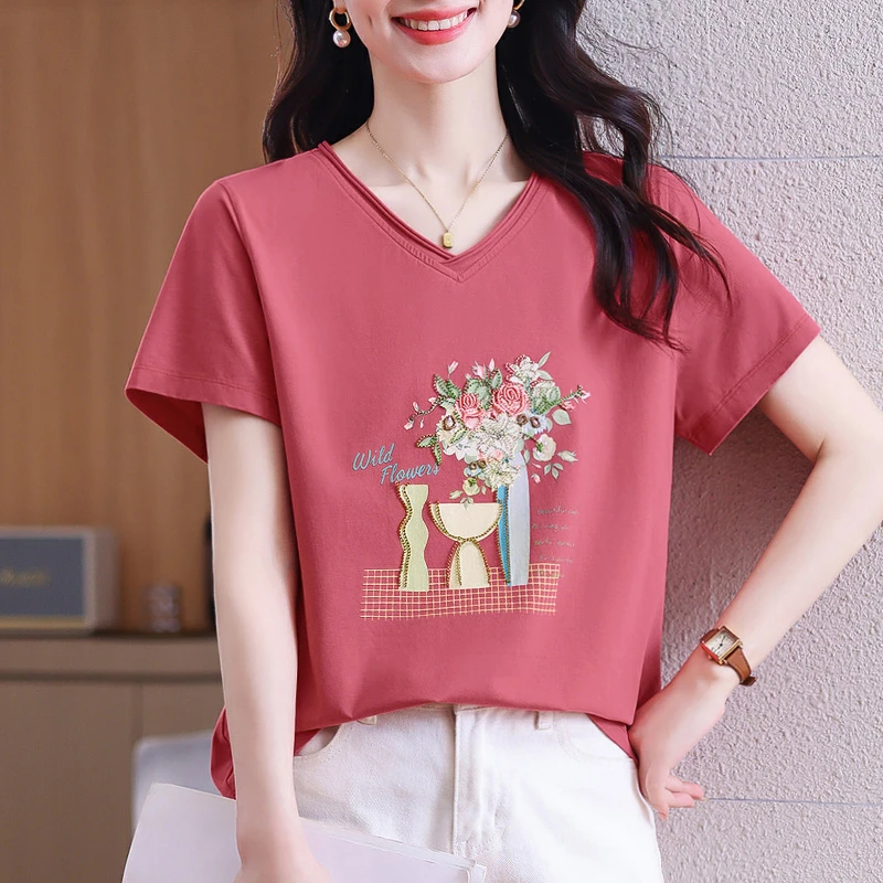 夏季正肩短袖t恤女装2025新款时尚女装洋气减龄重工刺绣妈妈上衣