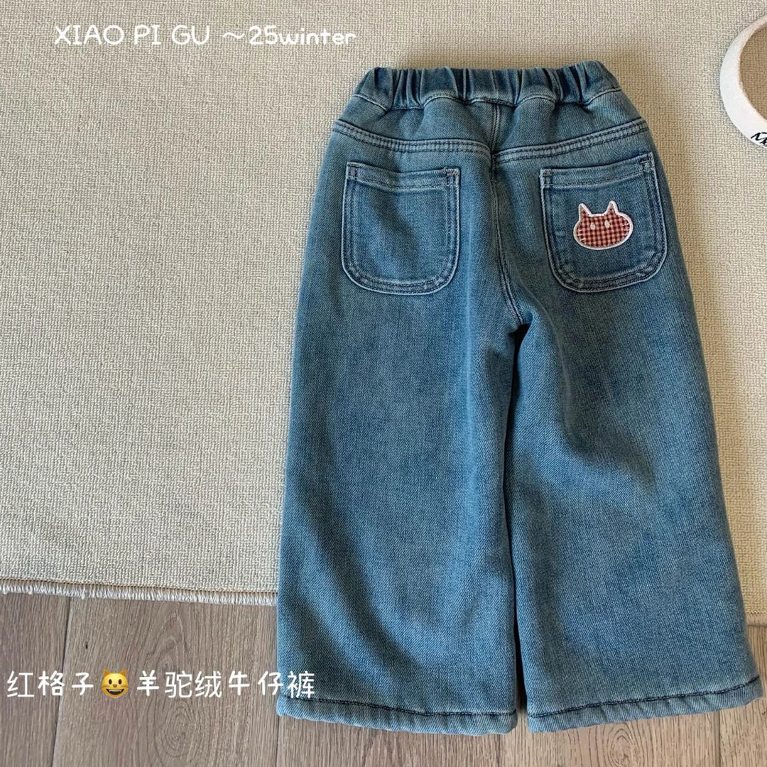 小屁股 25冬 6065女童刺绣猫咪加厚羔羔毛牛仔裤直筒裤