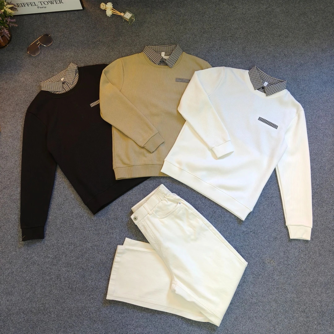 坑条肌理假两件格纹衬衫领卫衣男拼接贴布休闲百搭针织polo衫