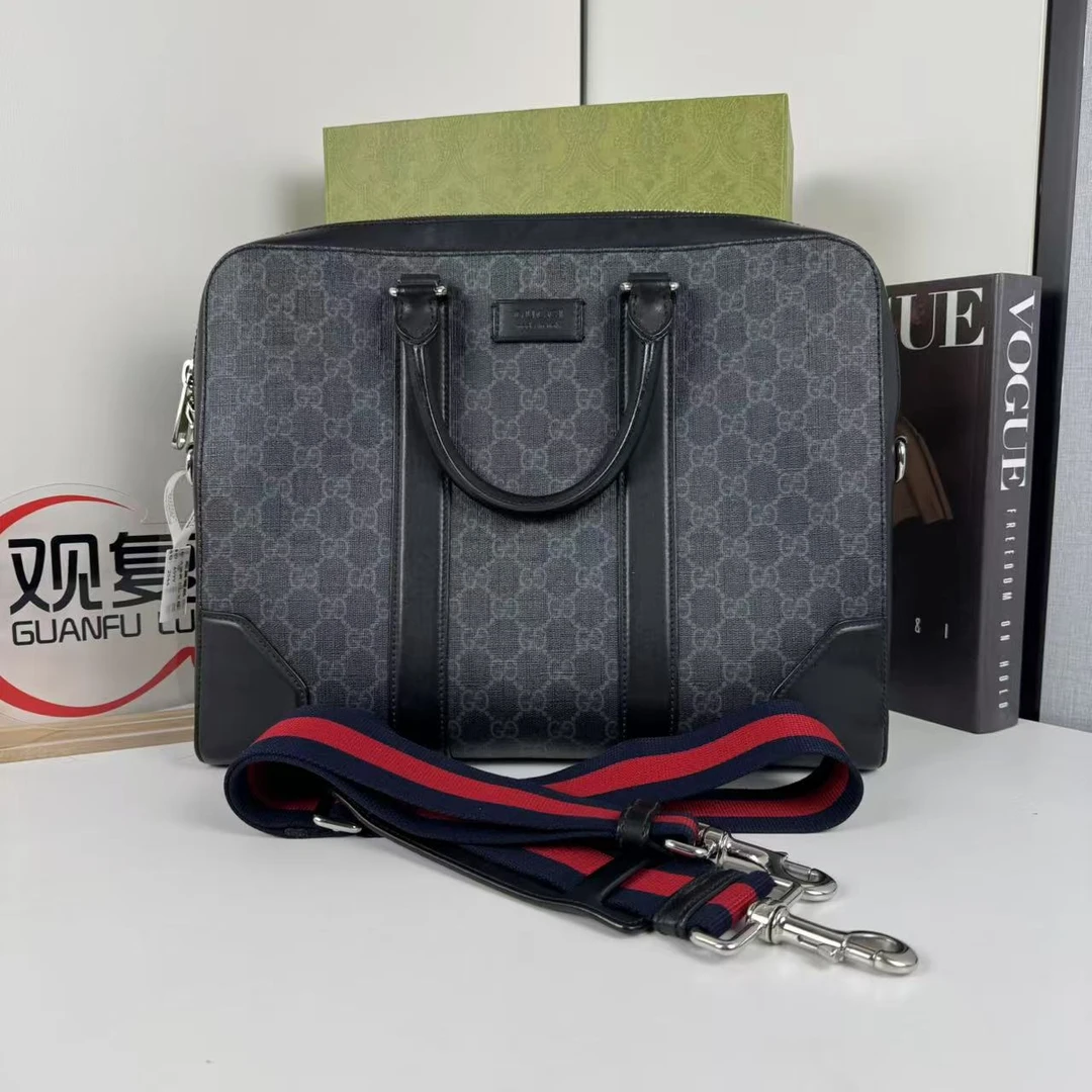 95新 GUCCI/古驰 黑色老花男士手提包公文包