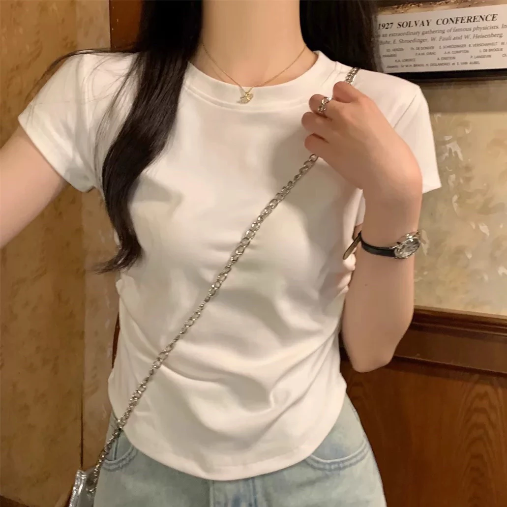 正肩圆领短袖t恤女2025夏季新款设计感修身显瘦辣妹短款百搭上衣