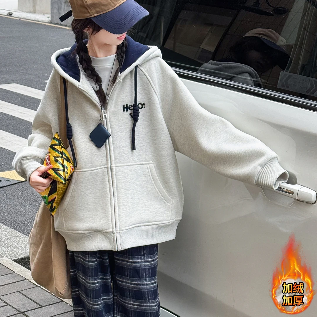 女童加绒加厚外套秋冬2025新款12-15岁女大童初中生连帽学生卫衣