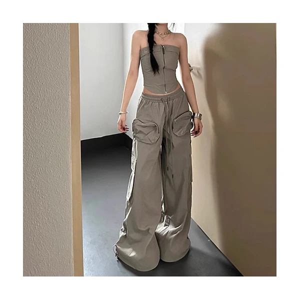 美式辣妹拉链抹胸背心外穿女春夏新款设计感工装阔腿裤两件套装潮