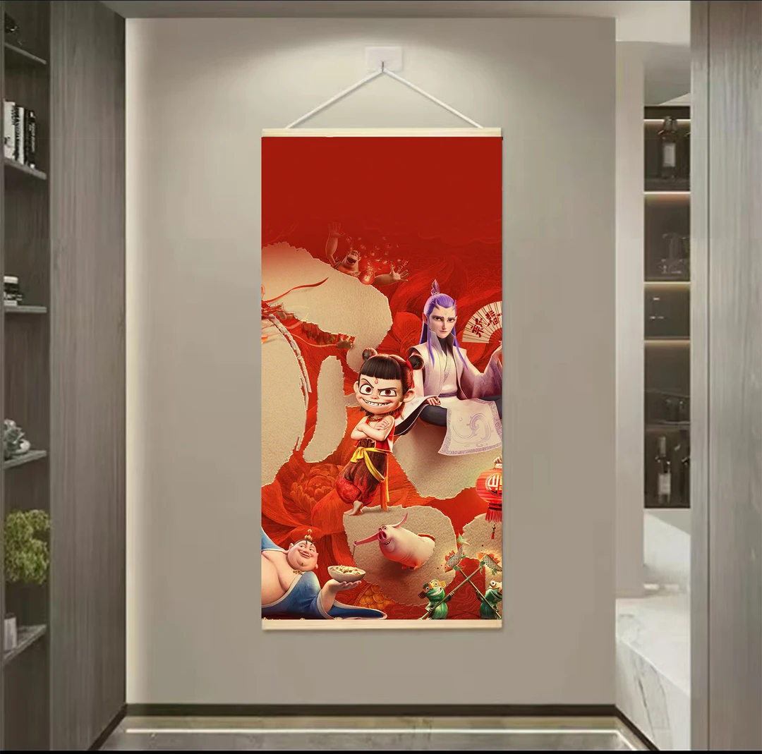 挂画装饰画哪吒魔童闹海卡通玄关实木卷轴火热爆款儿童房过道