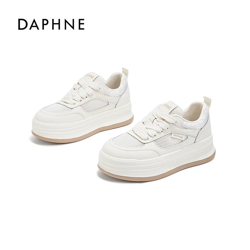 达芙妮2026夏季爆款透气女鞋时尚国风休闲鞋厚底网面系带小白鞋