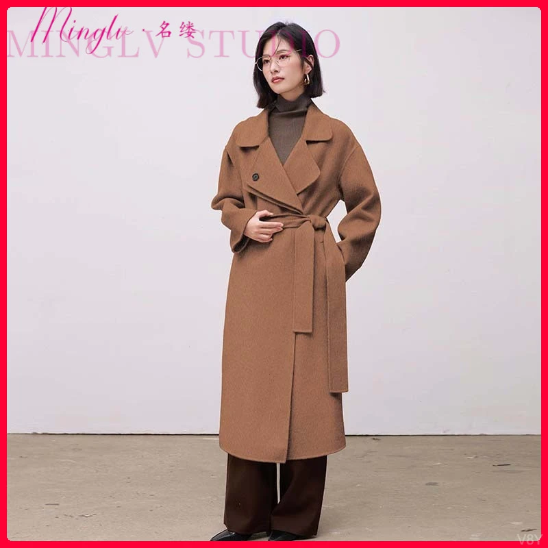 名缕新款秋冬围裹式双面时尚毛呢外套长款通勤简约直筒毛呢外套