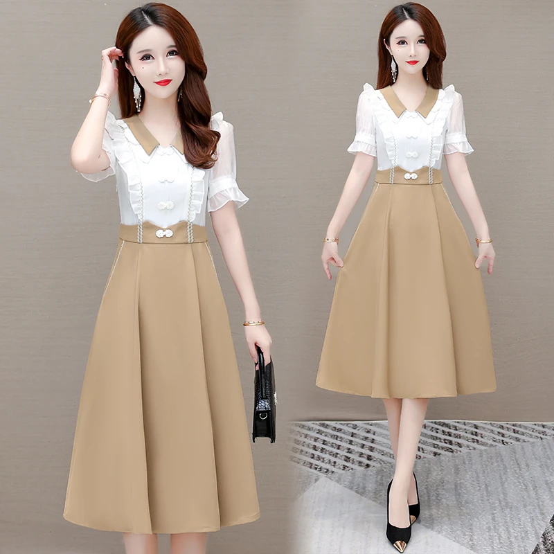 假两件拼接连衣裙夏季上衣女新款中年妈妈漂亮减龄气质中长款裙子