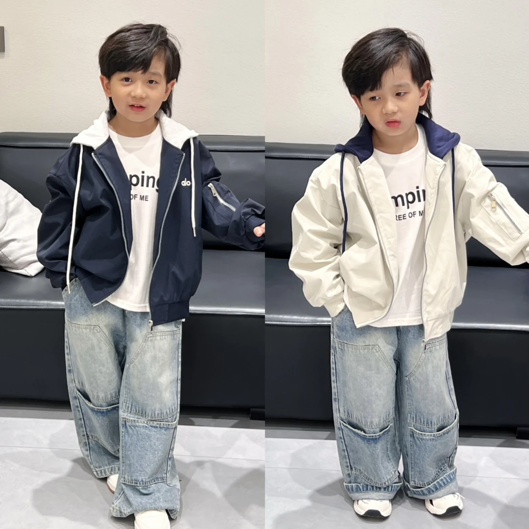 (不夹棉和夹棉)儿童秋季美式假两件连帽外套撞色刺绣字母夹克外套