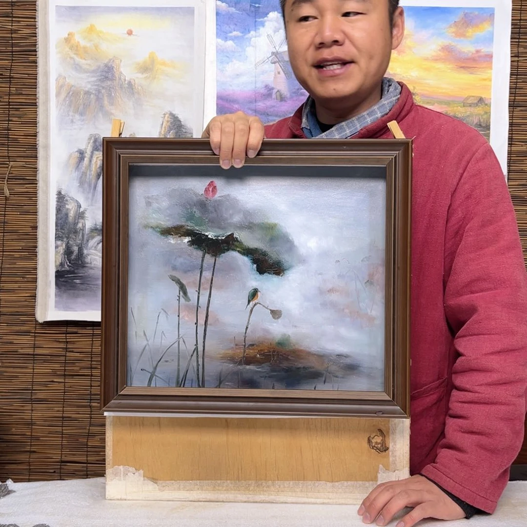 油画行路人小院绘画作品