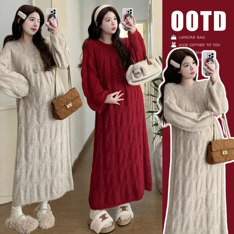 时尚孕妇秋冬新款宽松加厚简约韩系温柔针织弹力显瘦长款连衣裙