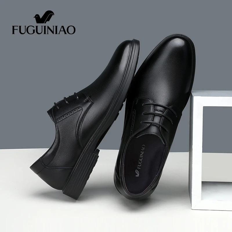 富贵鸟男鞋春季商务休闲皮鞋男黑色真皮软底德比鞋耐磨正装鞋子男