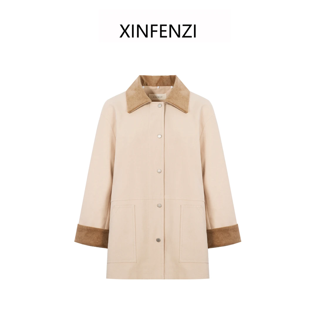 【绒绒摩卡】XINFENZI 可拆卸灯芯绒领撞色设计风衣 FJK33694