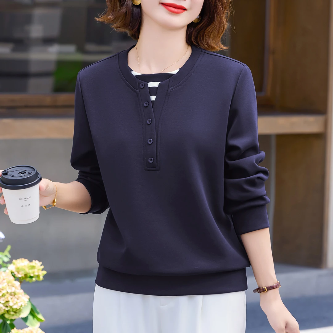 假两件条纹圆领卫衣女春季2026新款洋气减龄外套宽松百搭正肩上衣