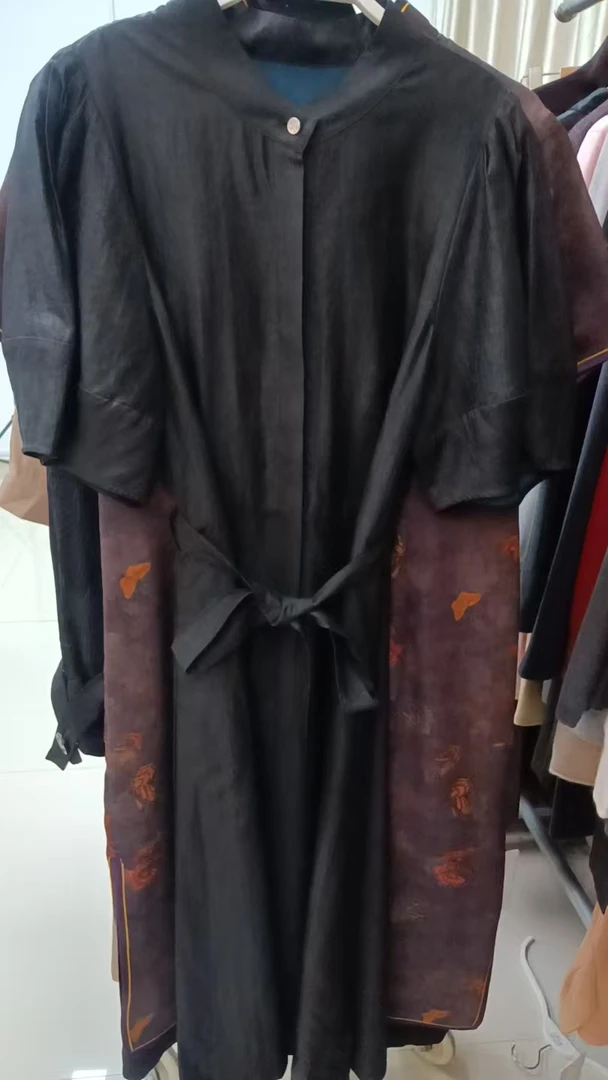 新款香云纱立领纯色泡泡袖气质连衣裙32652