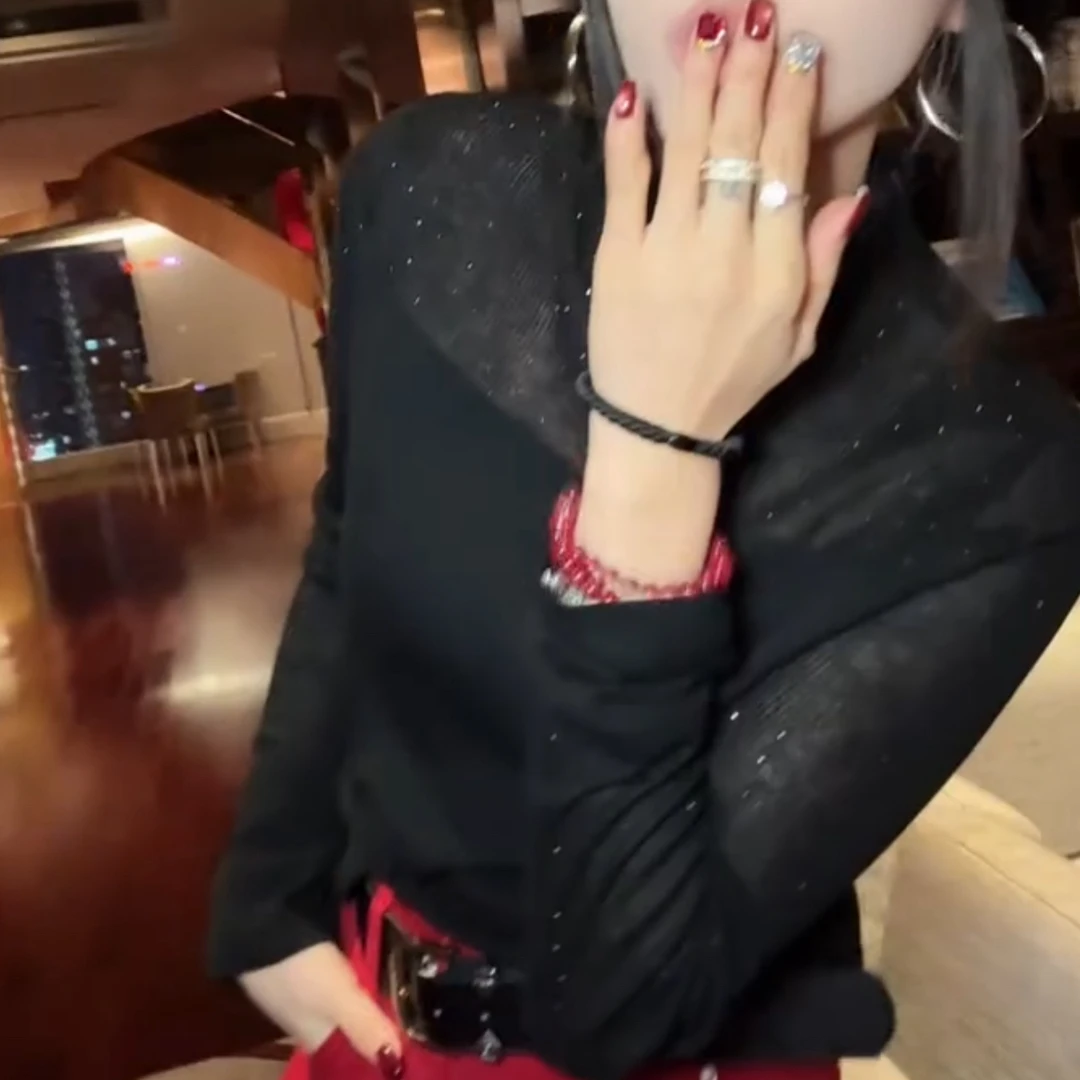 显瘦百搭新款网纱拼接黑色高领长袖打底T恤