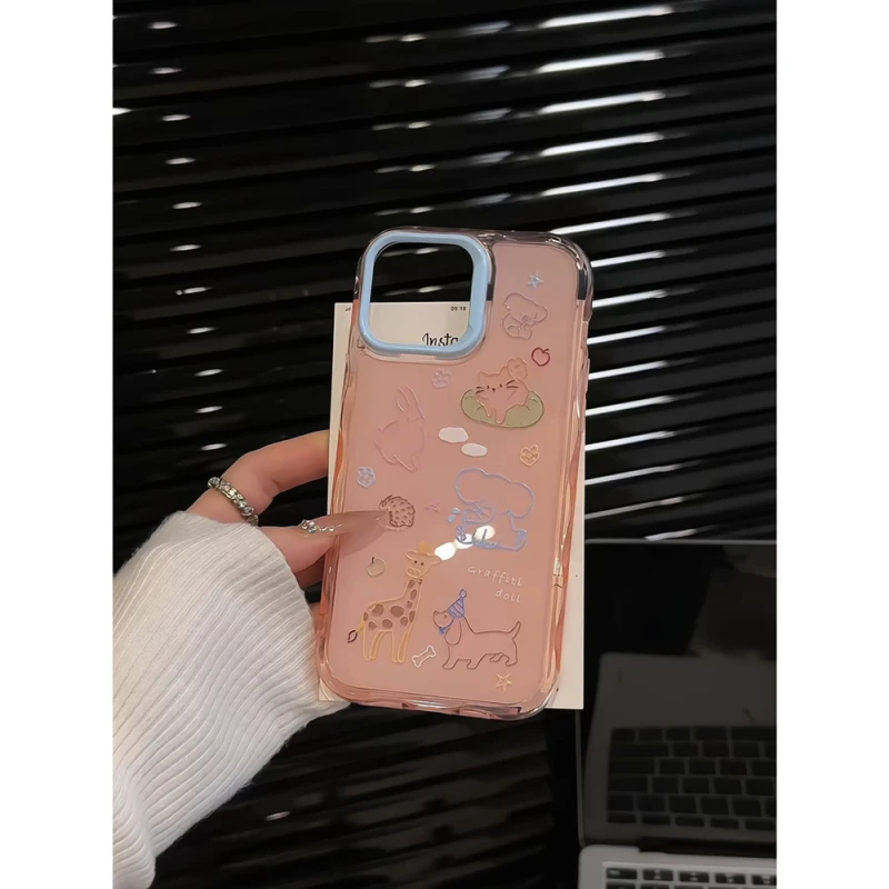 涂鸦线条动物适用苹果16promax创意iPhone15波纹果冻手机壳可爱14