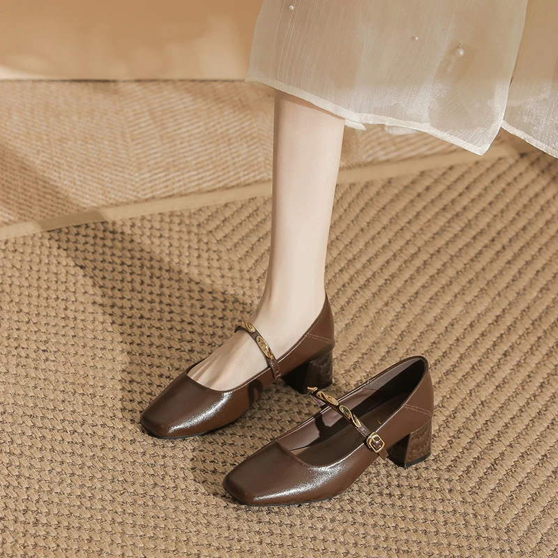 超软牛皮小金条粗跟玛丽珍高级复古韩系浅口不累脚工作高跟单鞋女