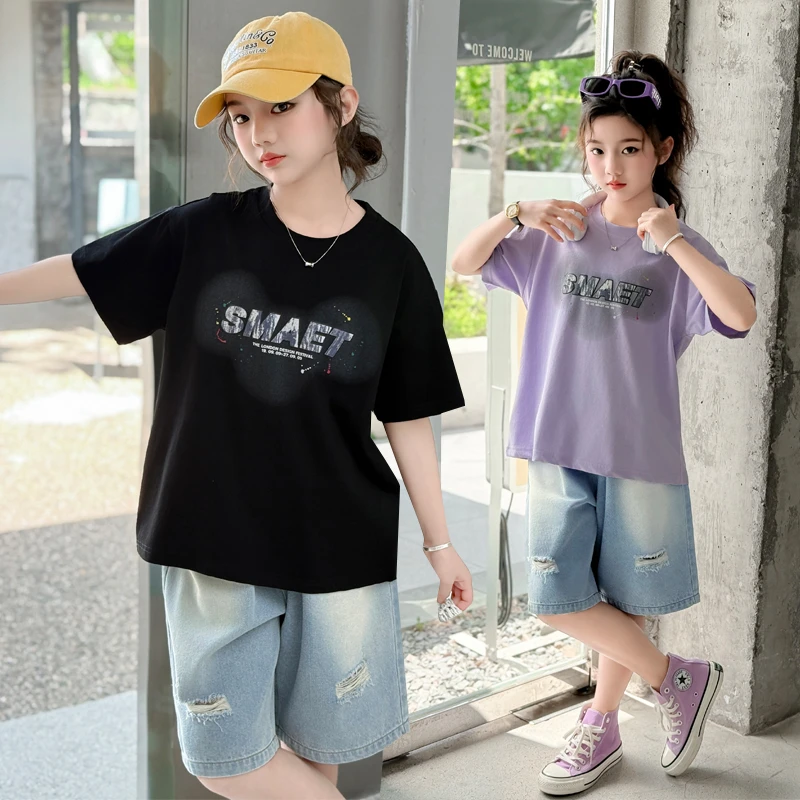 女童夏装套装2025新款儿童洋气夏季短袖中大童休闲牛仔短裤两件套