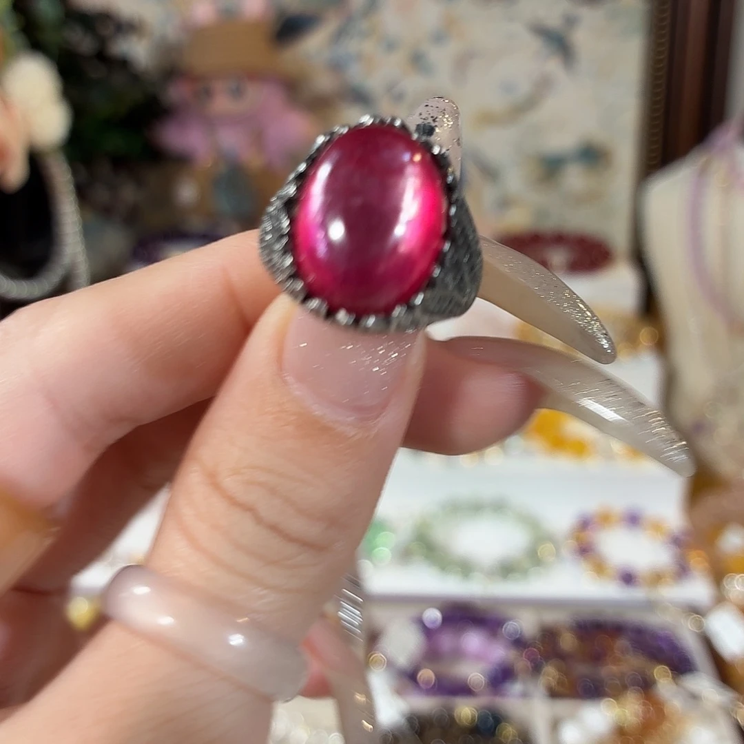 水晶戒指合金红锂云母戒指可调节