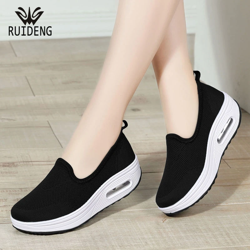 睿登软底休闲女鞋网面舒适运动鞋厚底妈妈鞋秋季一脚蹬女鞋