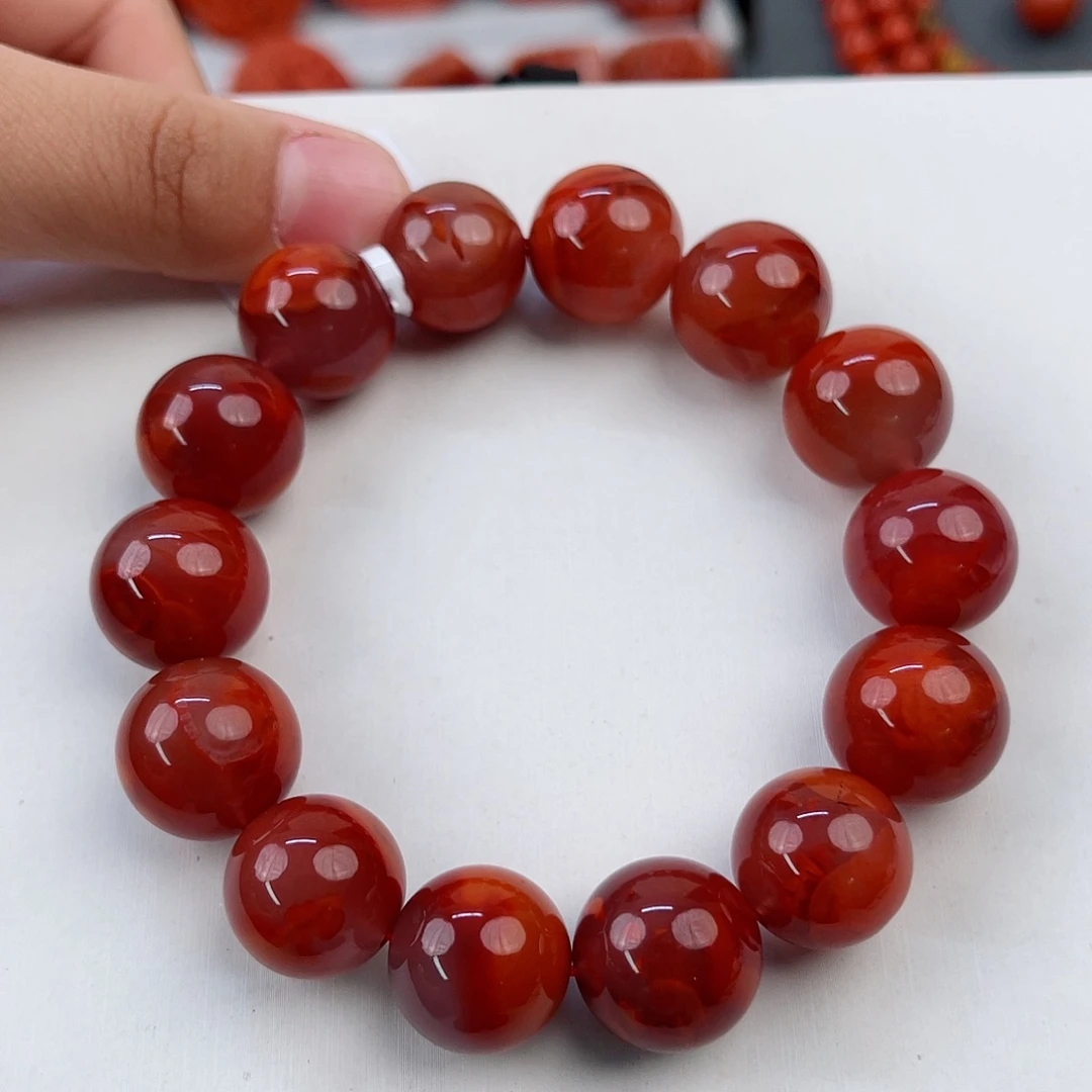 花***菲手串未镶嵌南红玛瑙瓦西牛血红收藏级圆珠单圈15mm