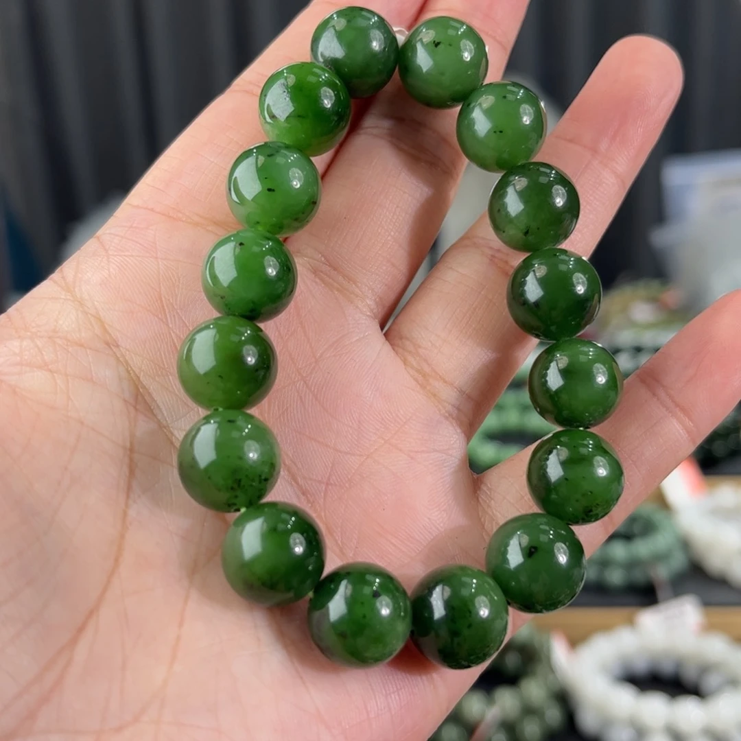手链未镶嵌和田玉俄料碧玉红皮菠菜绿卡13圆珠