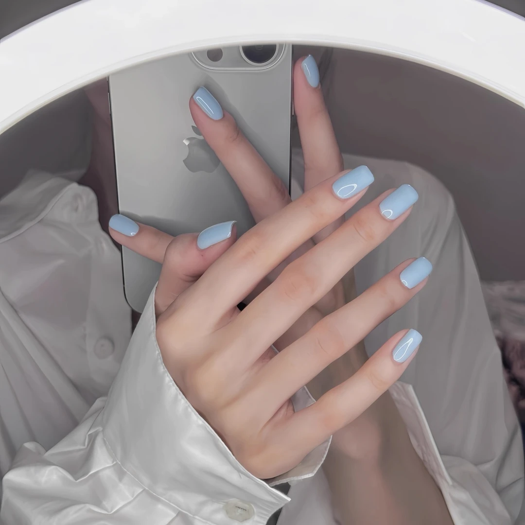 【baby蓝】纯色穿戴美甲baby蓝奶油蓝光疗显白美甲贴片可拆卸10片