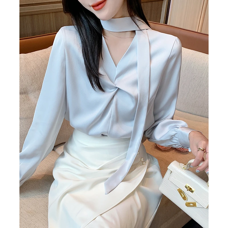 法式褶皱v领缎面衬衫女春秋新款通勤气质飘带衬衣高级感长袖上衣