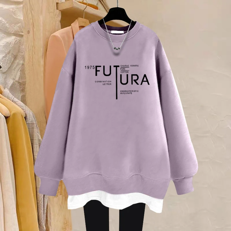 假两件圆领卫衣女2025秋冬新款宽松中长款遮屁股加绒加厚拼接上衣