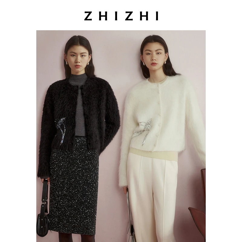 致知燕归梁 羊驼毛圆领开衫针织毛衣女24冬季新款软糯ZZ2DWKGT085