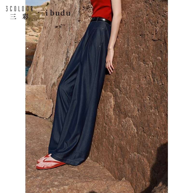 三彩ibudu2025春季新款休闲收腰宽松阔腿裤长裤垂感显瘦女