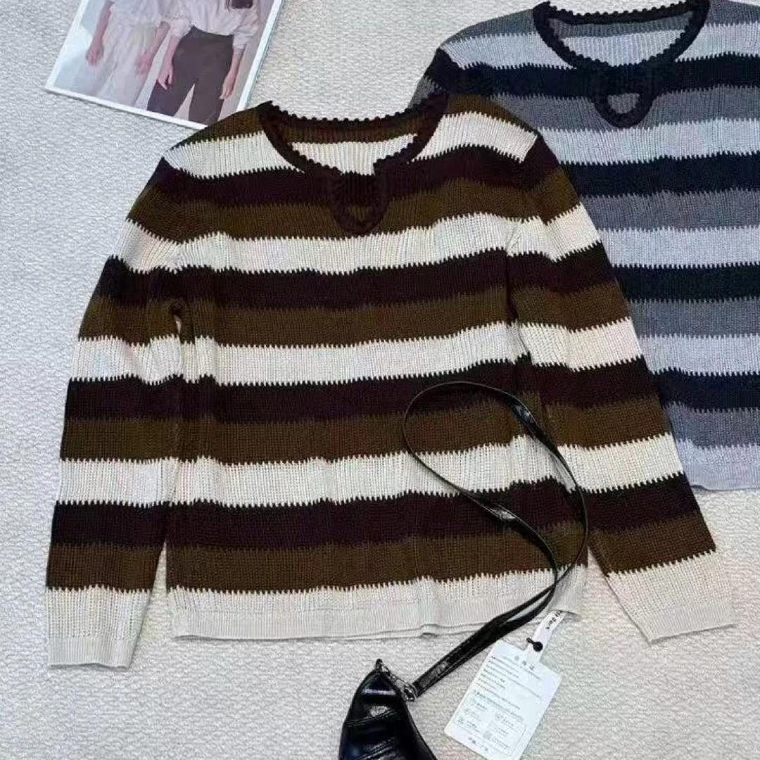 长袖条纹女打底衫秋季毛针织衫V领上衣秋冬针织网红