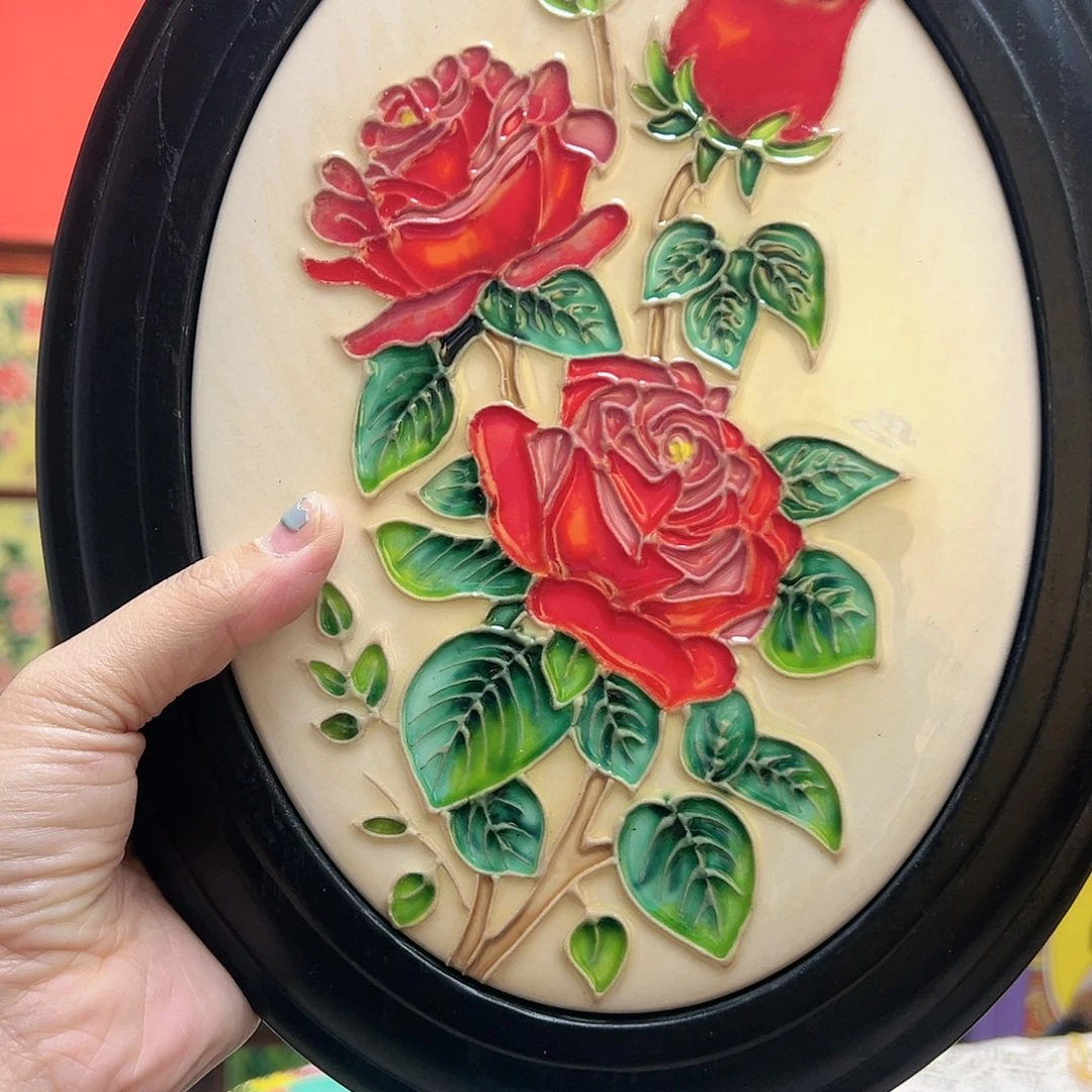 ****蒚琉璃手工艺品椭圆茶盘黑边玫瑰花